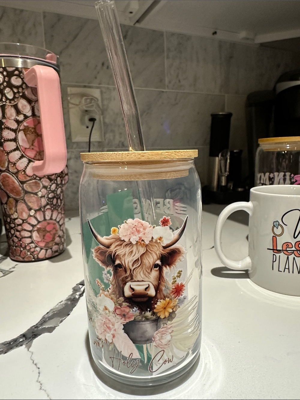 Glass Straw Tumbler with Floral Highland Cow Design - Clear